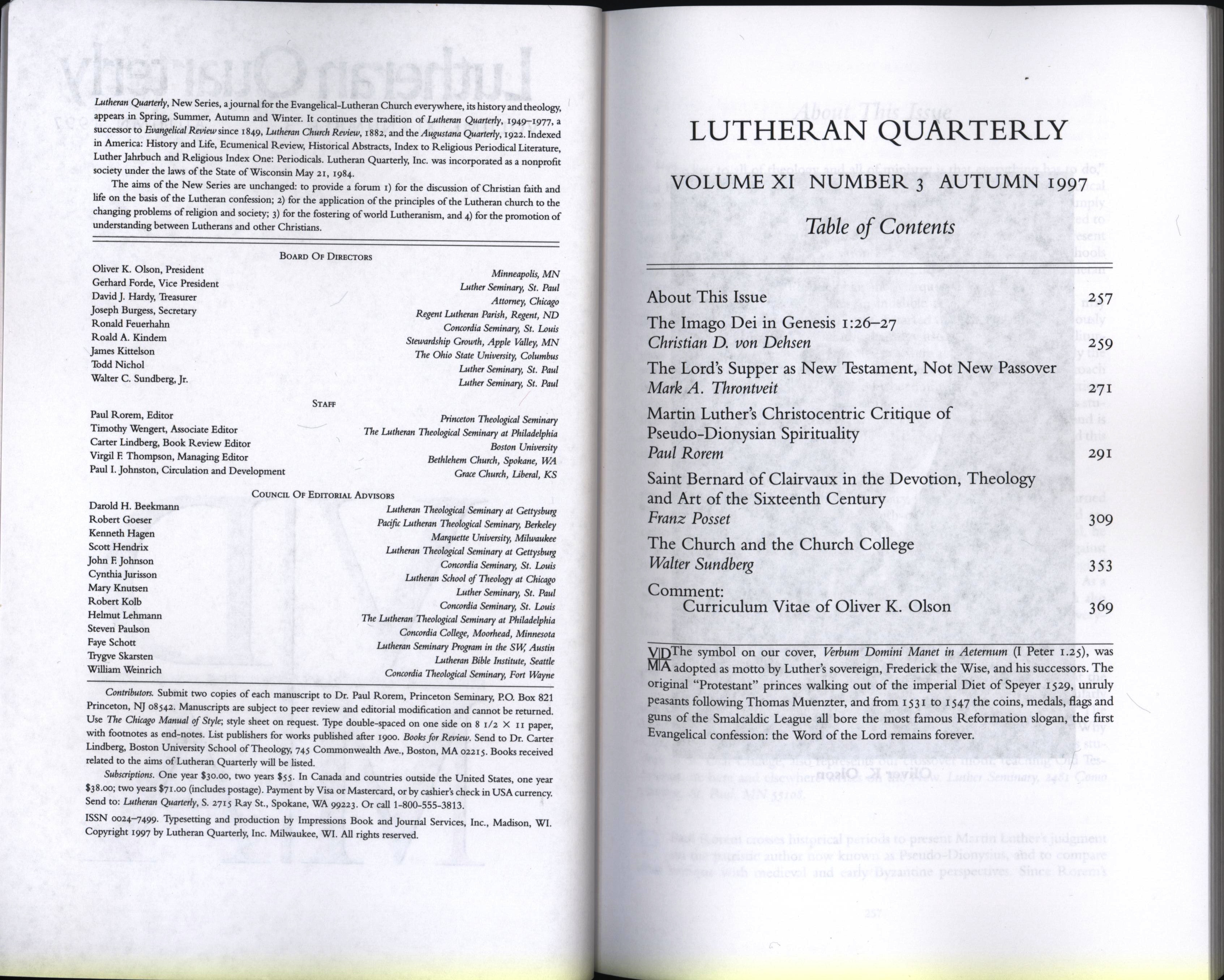 Table of Contents 1997 autumn lutheran quarterly