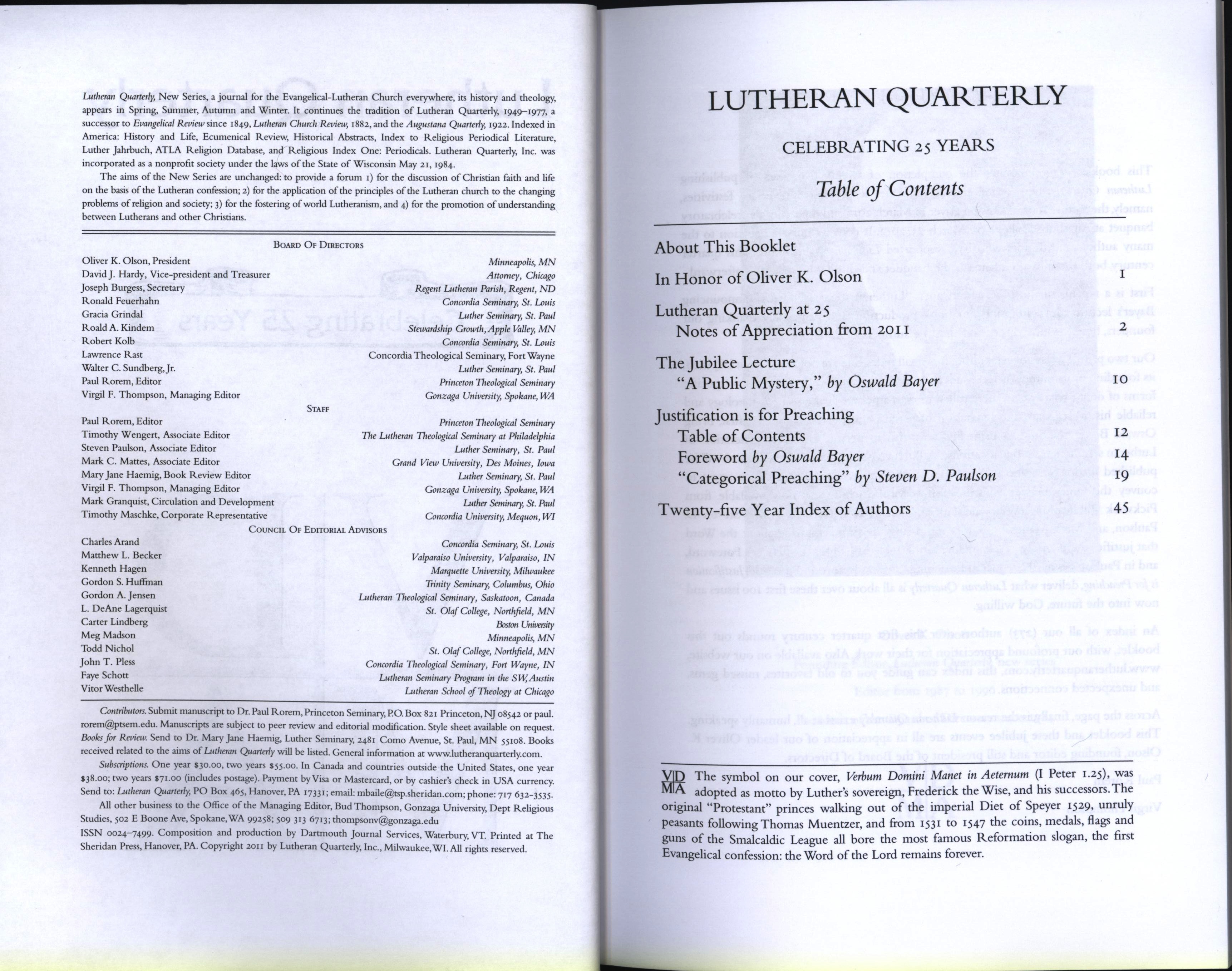 lutheran quarterly 25th anniversary